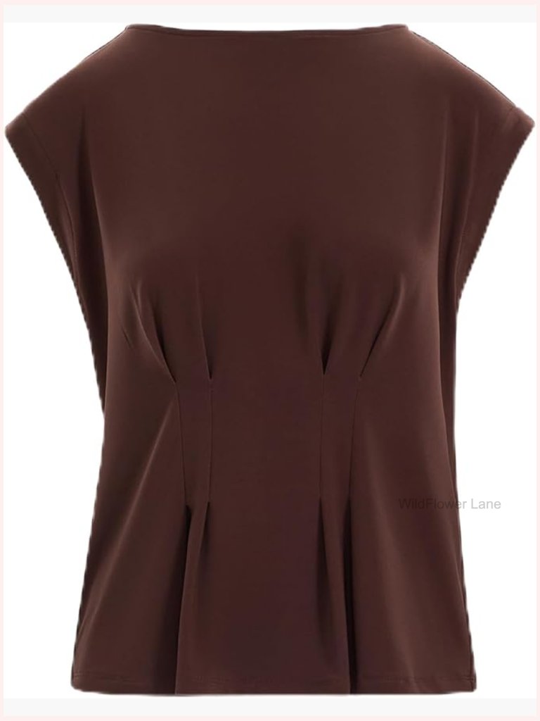 Cap Sleeve Boat Neck Crinkle Top With Button Detail